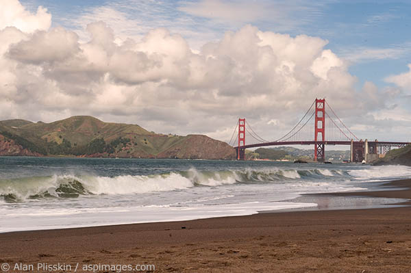 The Golden Gate Bridge and Marin Headlands viewed from Baker Beach in San Francisco.