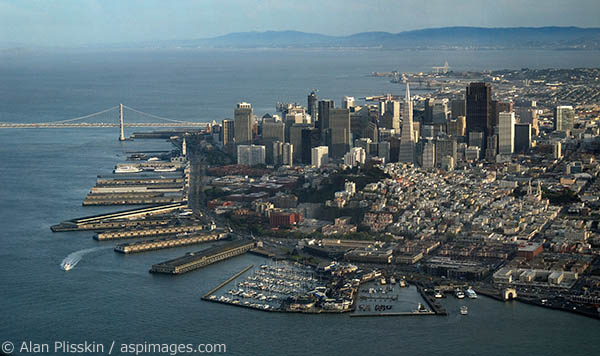 Aerial view of San Francisco waterfront and Embarcadero.