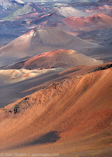 Multiple hues color the volcanic cinder cones on Haleakala.