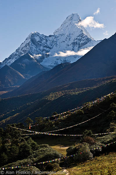 Prayer flags line the hills around Tengboche with beautiful Ama Dablam in the background.